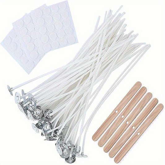 50/100pcs Value Pack Cotton Candle Wicks, Pre-Waxed Low Smoke Candle Making Kits With 5 Candle Wick Holders And 60 Glue Dots, For Soy Beeswax Adults Making Candles