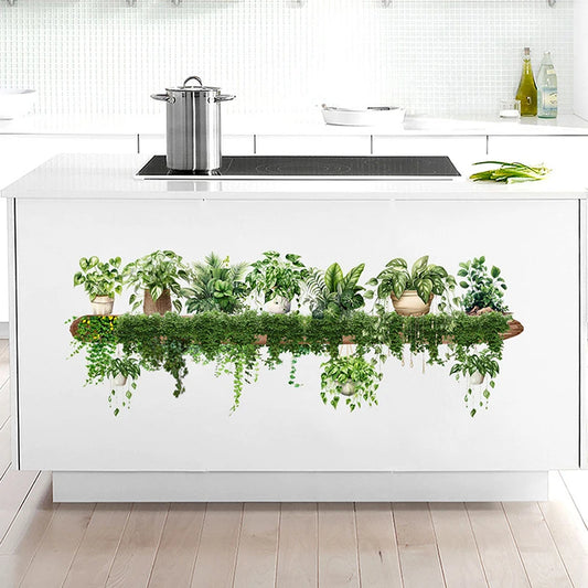 Green Dill Leaves Hanging Basket Wall Stickers Bedroom Living Room Wall Beautification Green Plant Decor Courtyard Wall Decals