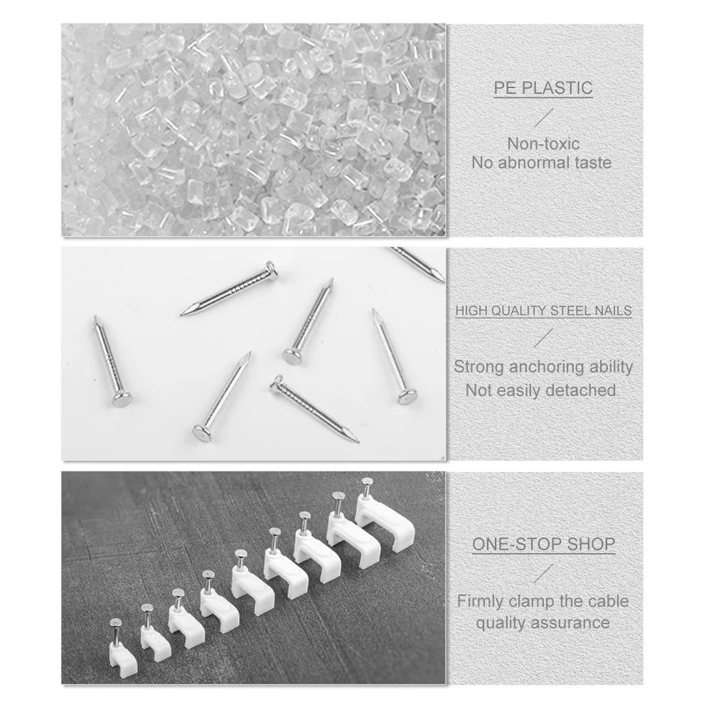 100PCS Flat Nail Cable Clips Assorted Sizes Wire Management Holder - PureShop