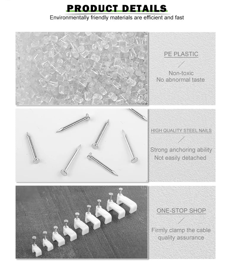 100PCS Flat Nail Cable Clips Assorted Sizes Wire Management Holder - PureShop