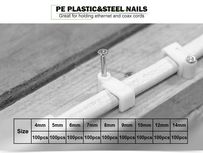 100PCS Flat Nail Cable Clips Assorted Sizes Wire Management Holder - PureShop