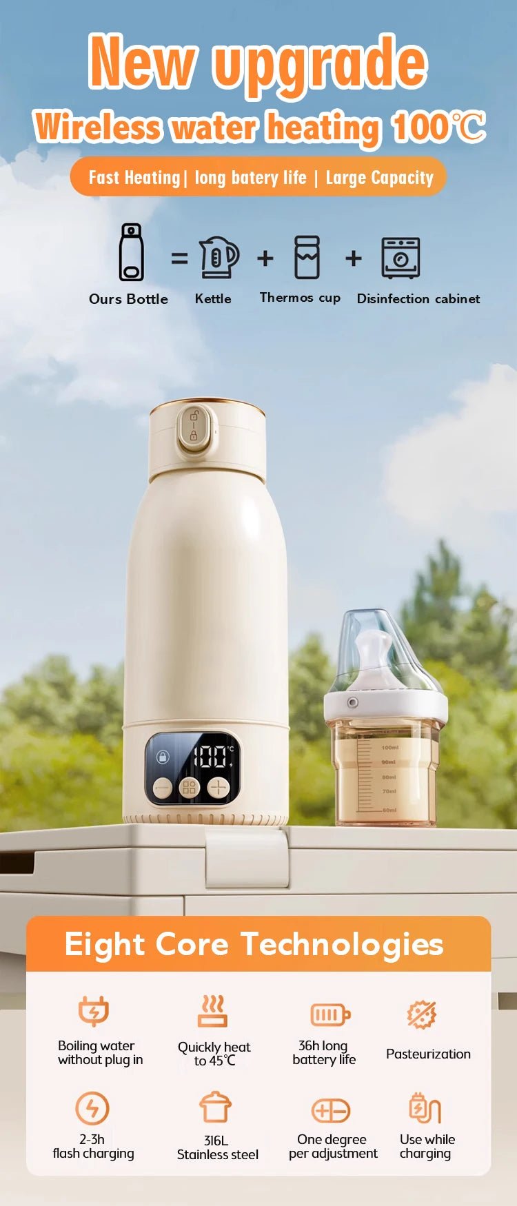 2025 New Upgrade Wireless Boiling Water Fast Heating Baby Bottle Warmer Travel Baby Milk Bottle Warmer Portable Milk Warmer - PureShop