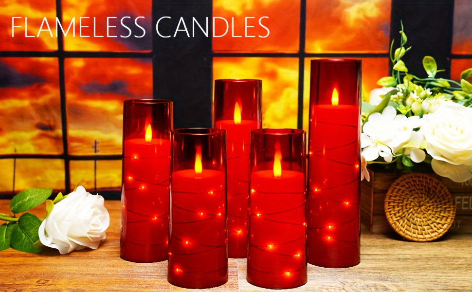 Flameless Candle Battery Powered, 5 Acrylic Flashing LED Candles With Remote Control, Flameless Column Candle With Recessed Star String, Home Decor Halloween Christmas Ambiance Wedding Décor