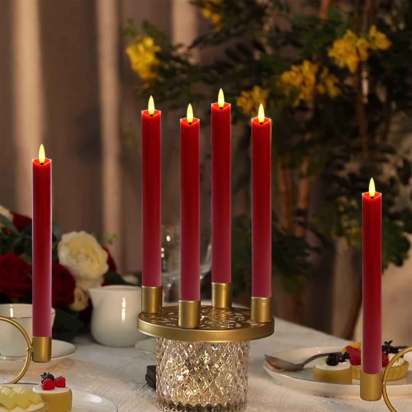 2/3/6pcs Red Real Wax Flameless Cone Candles, 9.6" 3D Wick Led Battery Operated Candle with Remote Control for Restaurant Table and Wedding Christmas Halloween Decoration