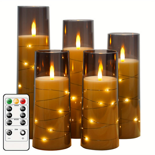 Flameless Candle Battery Powered, 5 Acrylic Flashing LED Candles With Remote Control, Flameless Column Candle With Recessed Star String, Home Decor Halloween Christmas Ambiance Wedding Décor
