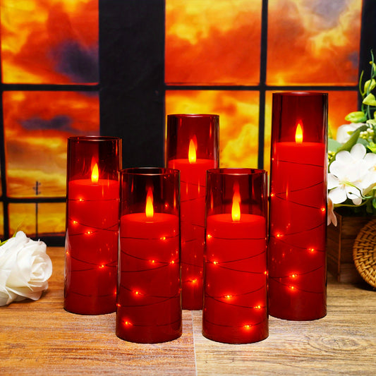 Flameless Candle Battery Powered, 5 Acrylic Flashing LED Candles With Remote Control, Flameless Column Candle With Recessed Star String, Home Decor Halloween Christmas Ambiance Wedding Décor