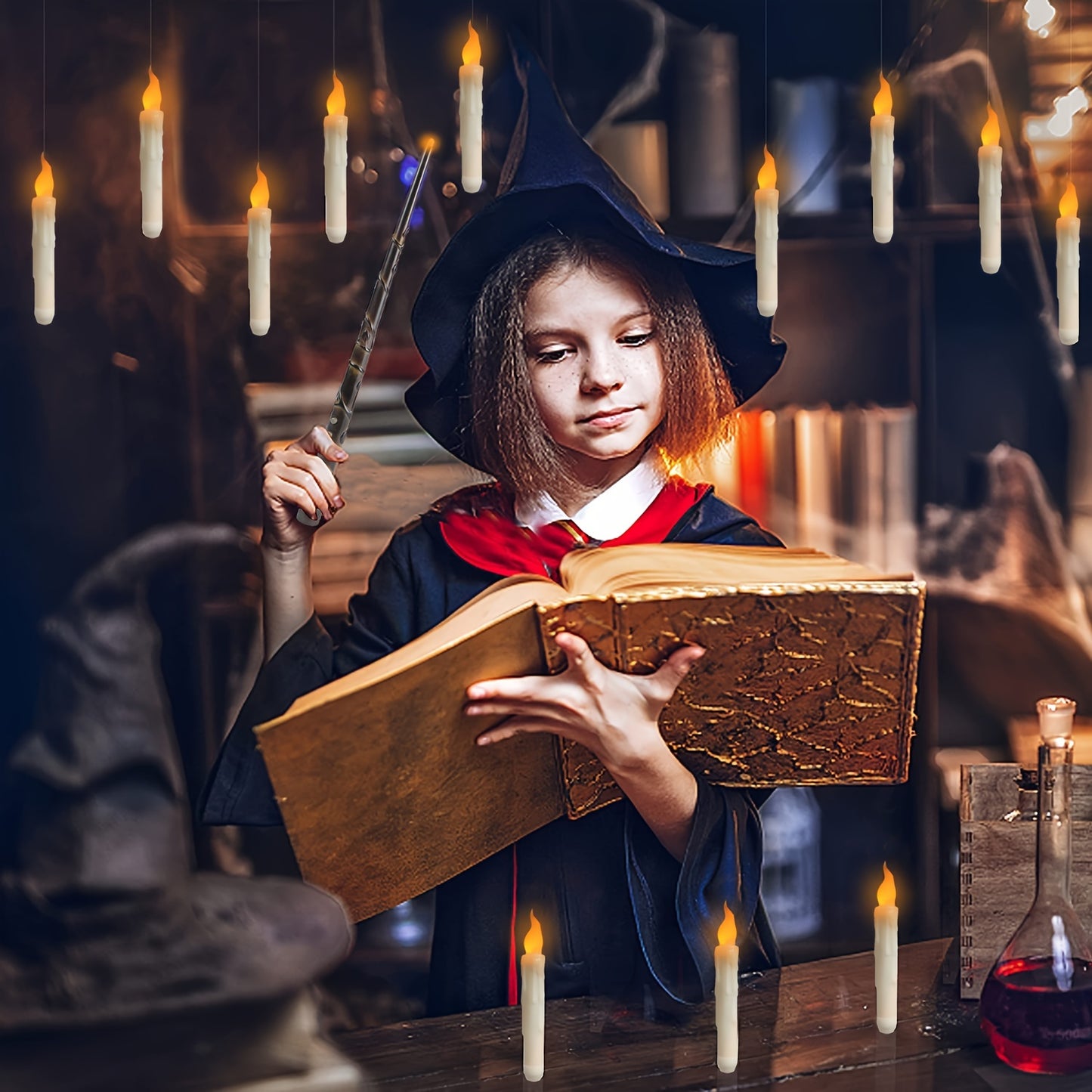 12pcs Floating Candles, Harry Wand-Inspired Remote-Controlled LED Lights, Plastic Taper Candles For Proposals, Birthdays, Party Ceiling Decor, Halloween-Themed Room Ambiance