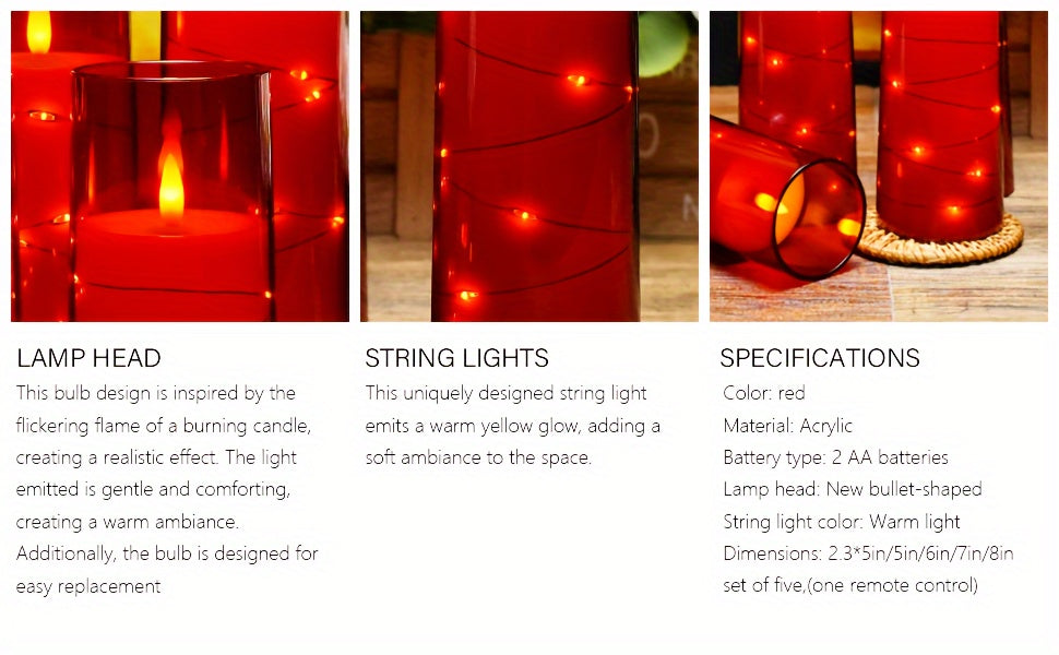 Flameless Candle Battery Powered, 5 Acrylic Flashing LED Candles With Remote Control, Flameless Column Candle With Recessed Star String, Home Decor Halloween Christmas Ambiance Wedding Décor