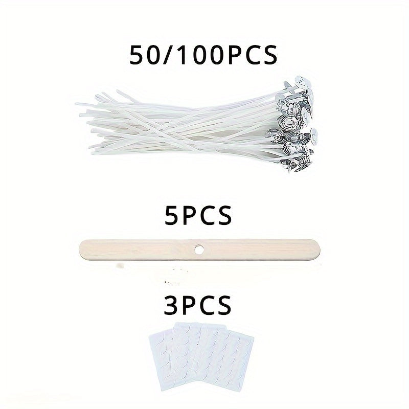 50/100pcs Value Pack Cotton Candle Wicks, Pre-Waxed Low Smoke Candle Making Kits With 5 Candle Wick Holders And 60 Glue Dots, For Soy Beeswax Adults Making Candles