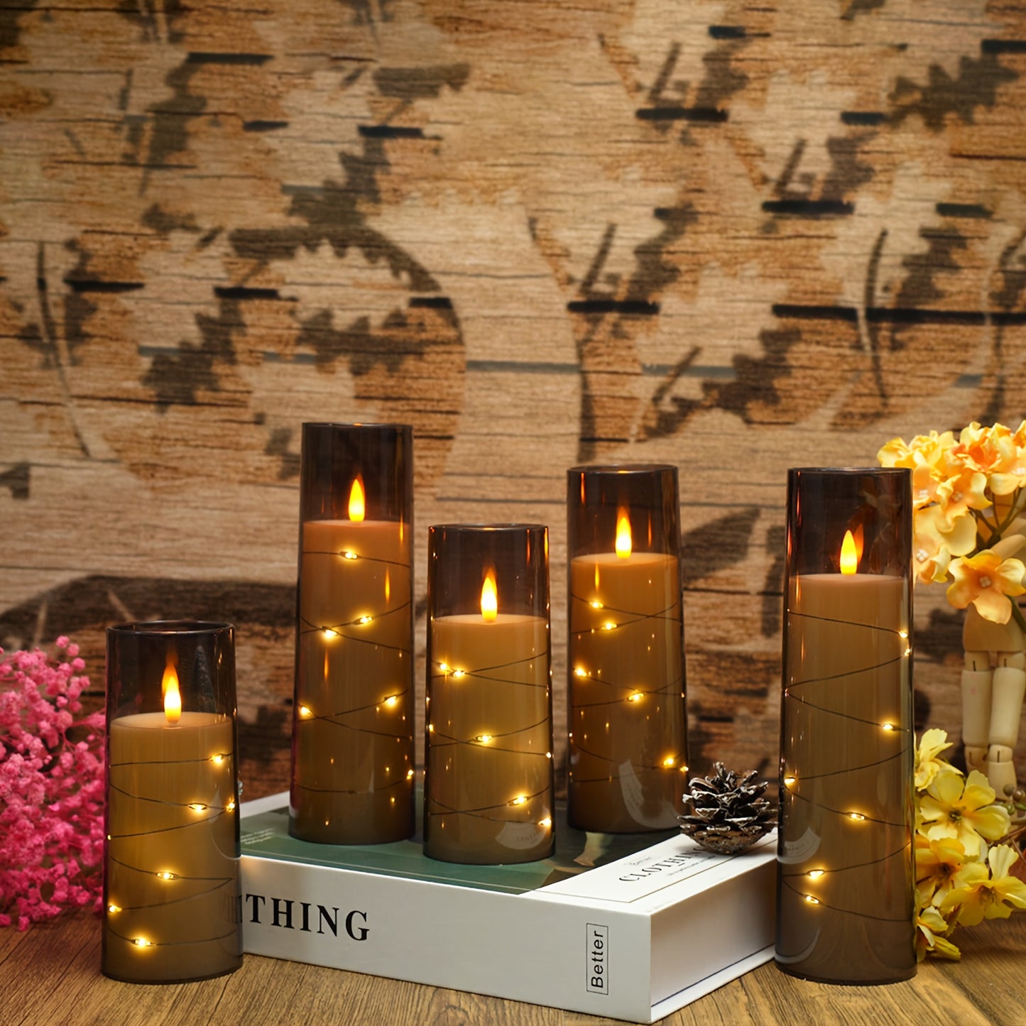 Flameless Candle Battery Powered, 5 Acrylic Flashing LED Candles With Remote Control, Flameless Column Candle With Recessed Star String, Home Decor Halloween Christmas Ambiance Wedding Décor