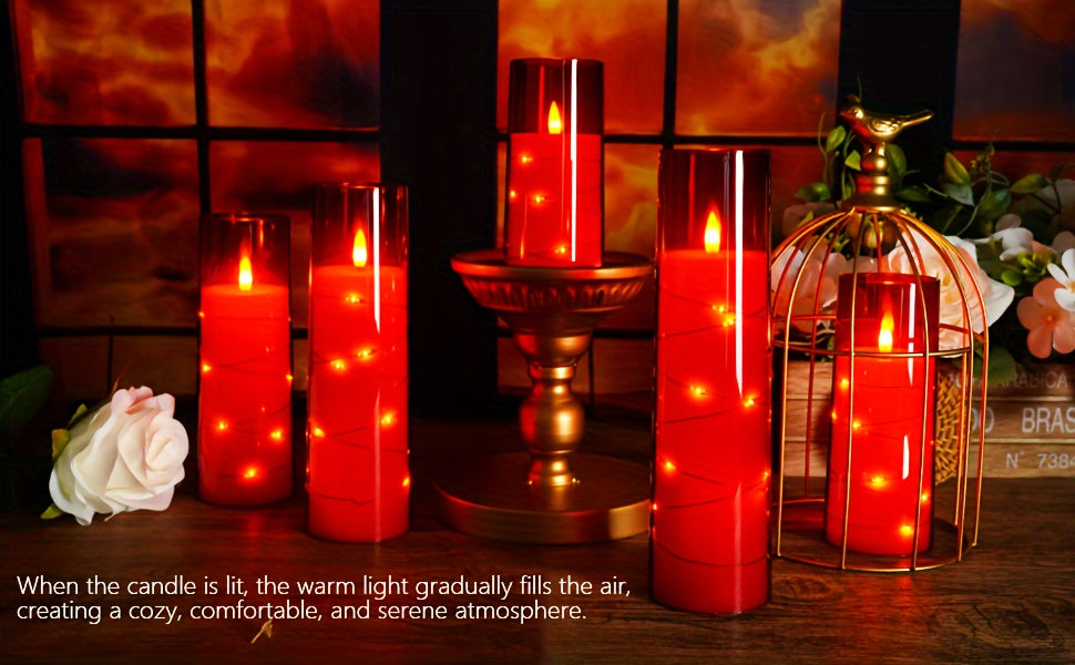 Flameless Candle Battery Powered, 5 Acrylic Flashing LED Candles With Remote Control, Flameless Column Candle With Recessed Star String, Home Decor Halloween Christmas Ambiance Wedding Décor