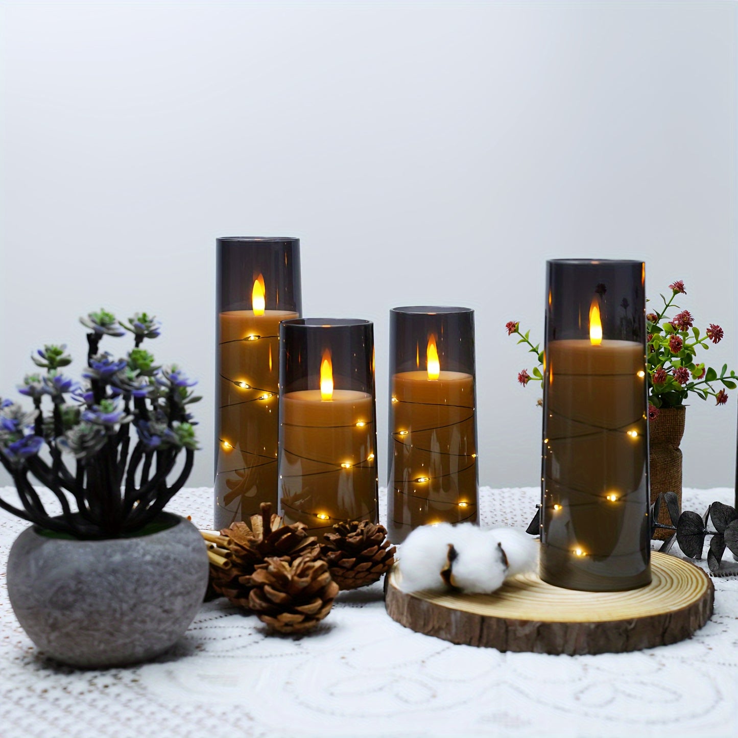Flameless Candle Battery Powered, 5 Acrylic Flashing LED Candles With Remote Control, Flameless Column Candle With Recessed Star String, Home Decor Halloween Christmas Ambiance Wedding Décor