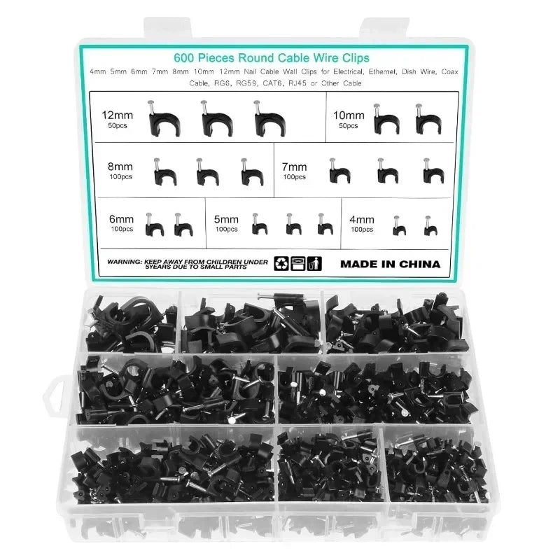 600PCS Cable Wire Clips 4mm to 12mm Electrical Cord Tie Holders for Organizing Cables Plant Climbing and Wall Mounting
