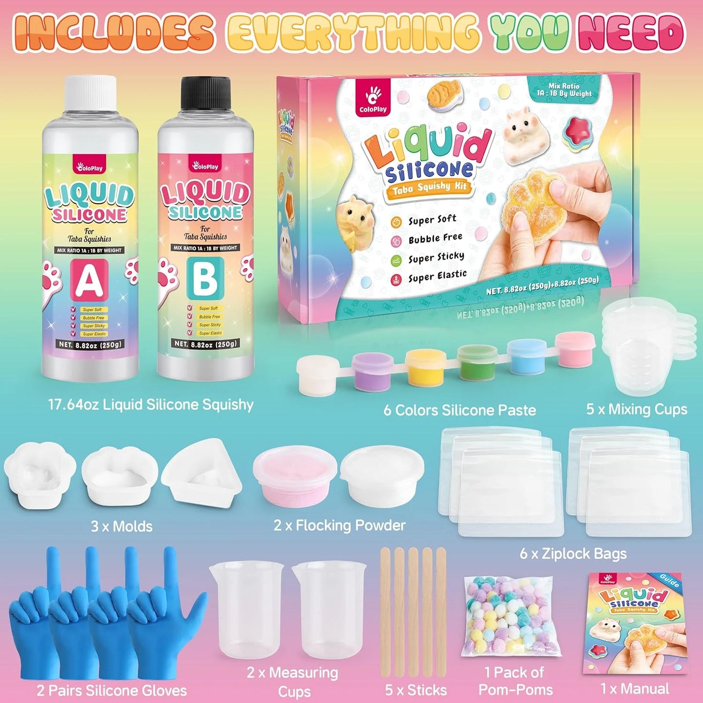 Taba Squishy Kit - 18OZ Rubber Squishy Kit with Guided, Bubble Free and Faster Fully Cures - FuFu Squishy Kit with Mold, Flockin