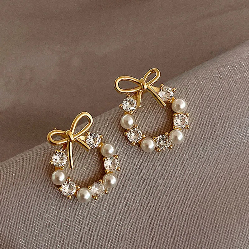 Pearl Crystal Bow Stud Earring