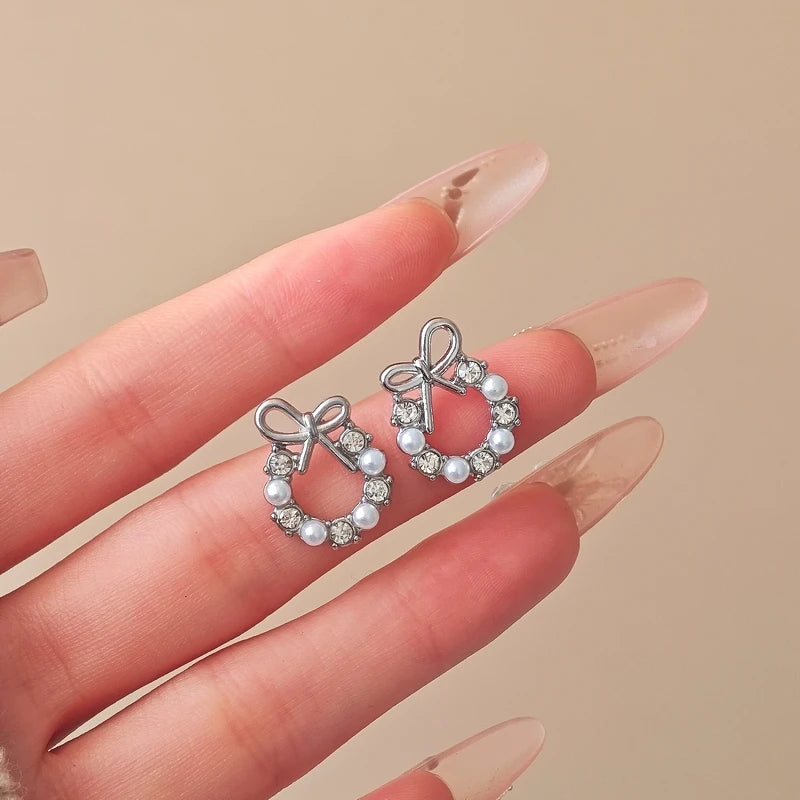Pearl Crystal Bow Stud Earring