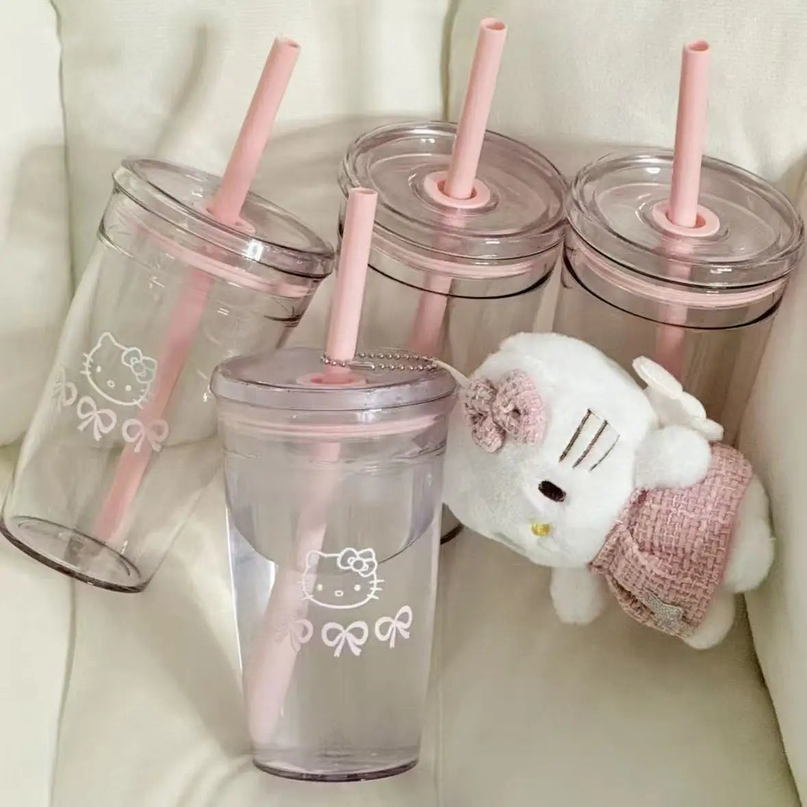 Sanrio Hello Kitty Pink Straw Cup KT Cat Large-Capacity Transparent Plastic Water Cup Plastic Student Portable Cup Birthday Gift