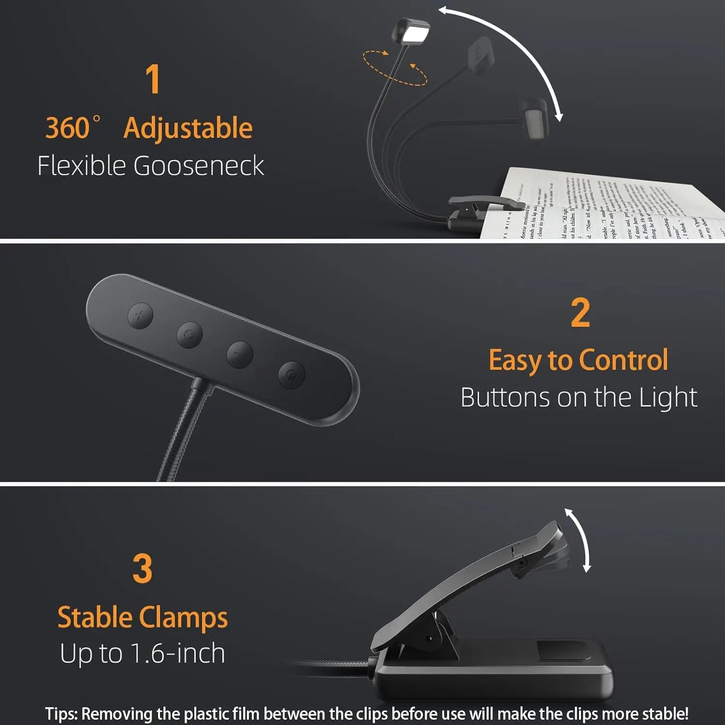 LED Book Light Reading Light Eye Caring Clip-on USB Rechargeable