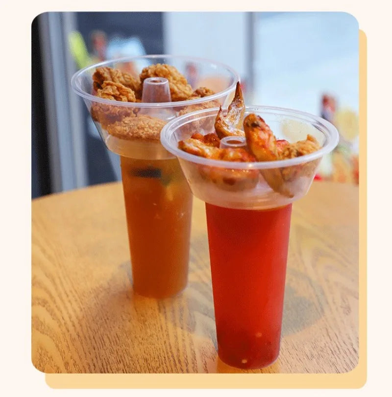 Snack and Drink Cup Set Transparent PP Plastic Cylindrical Snack Bowl with Straws Ideal for Snack, Fruit, Beverage, Outdoor Use