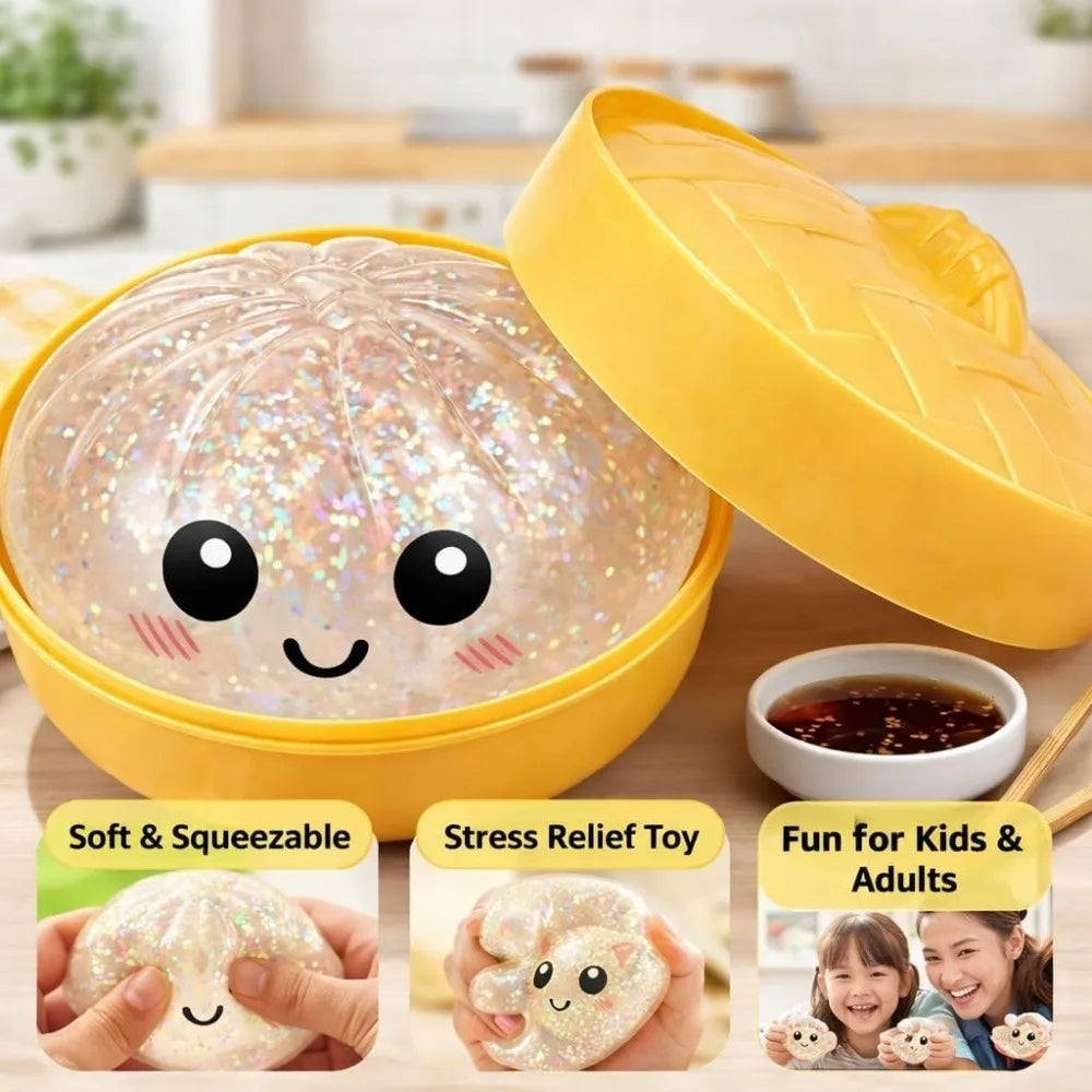 Glitter Dumplings Squishy Toy Soft Slow Resilience Squishy Toy with Steamer Fidget Steamed Stuffed Bun Squishy Pinch Le