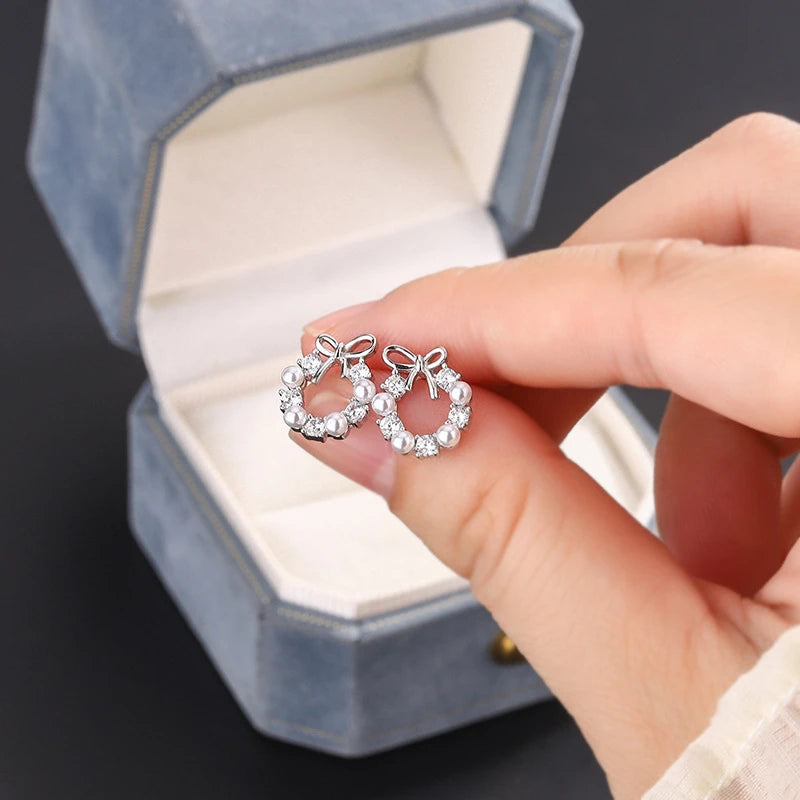 Pearl Crystal Bow Stud Earring