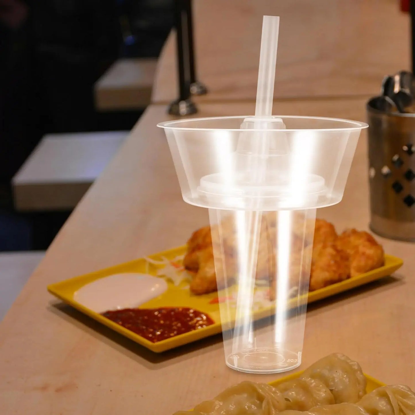 Snack and Drink Cup Set Transparent PP Plastic Cylindrical Snack Bowl with Straws Ideal for Snack, Fruit, Beverage, Outdoor Use