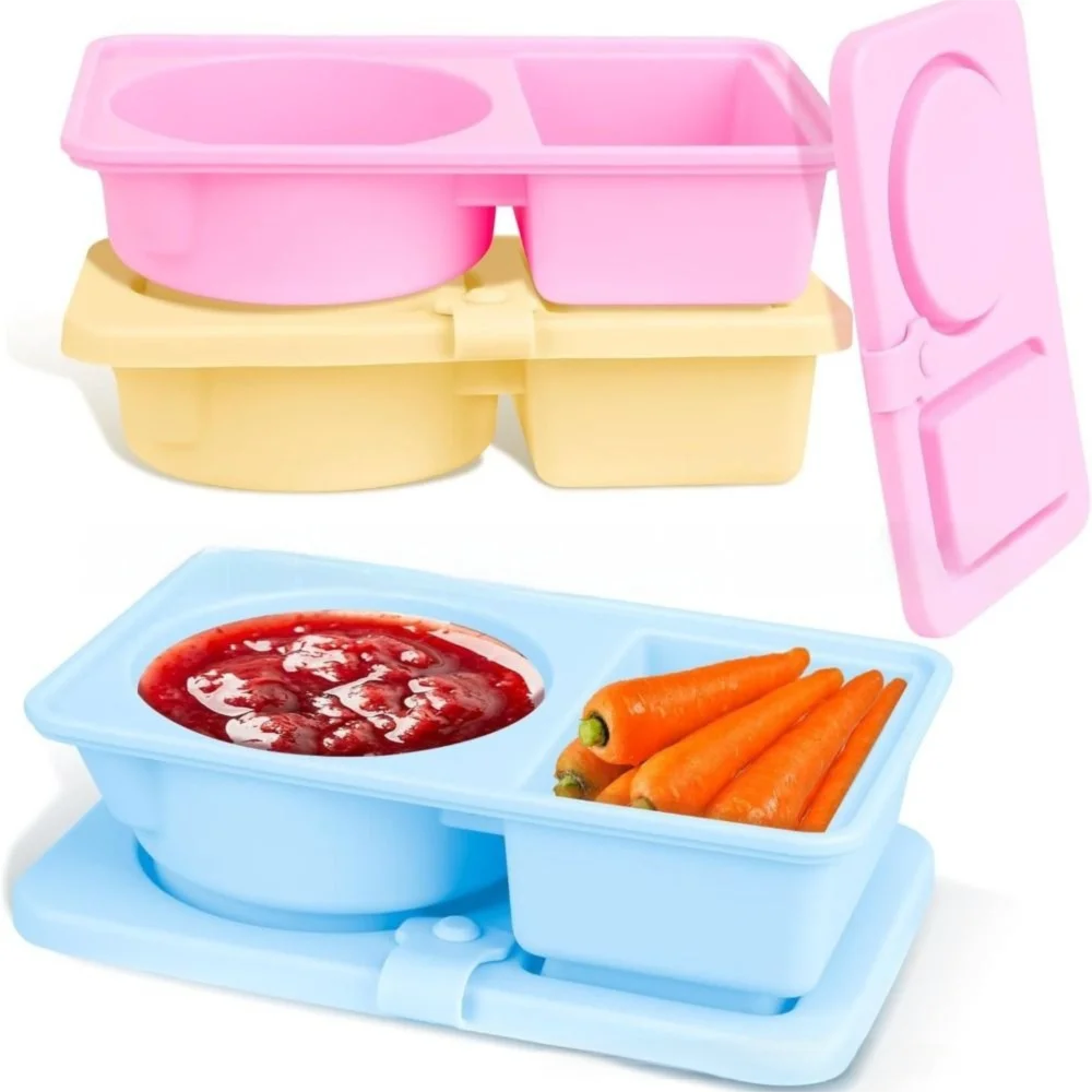 Silicone Snack Containers with Lids Multi-Purpose Food Snack Boxs Reusable Double Compartment Dipping Sauce Cups