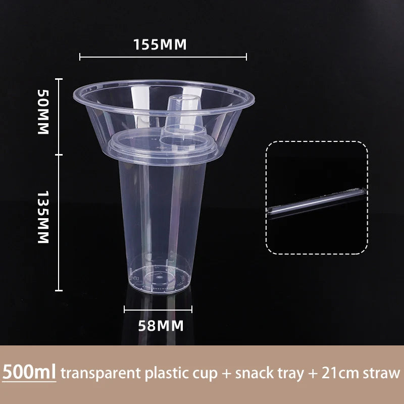 Snack and Drink Cup Set Transparent PP Plastic Cylindrical Snack Bowl with Straws Ideal for Snack, Fruit, Beverage, Outdoor Use