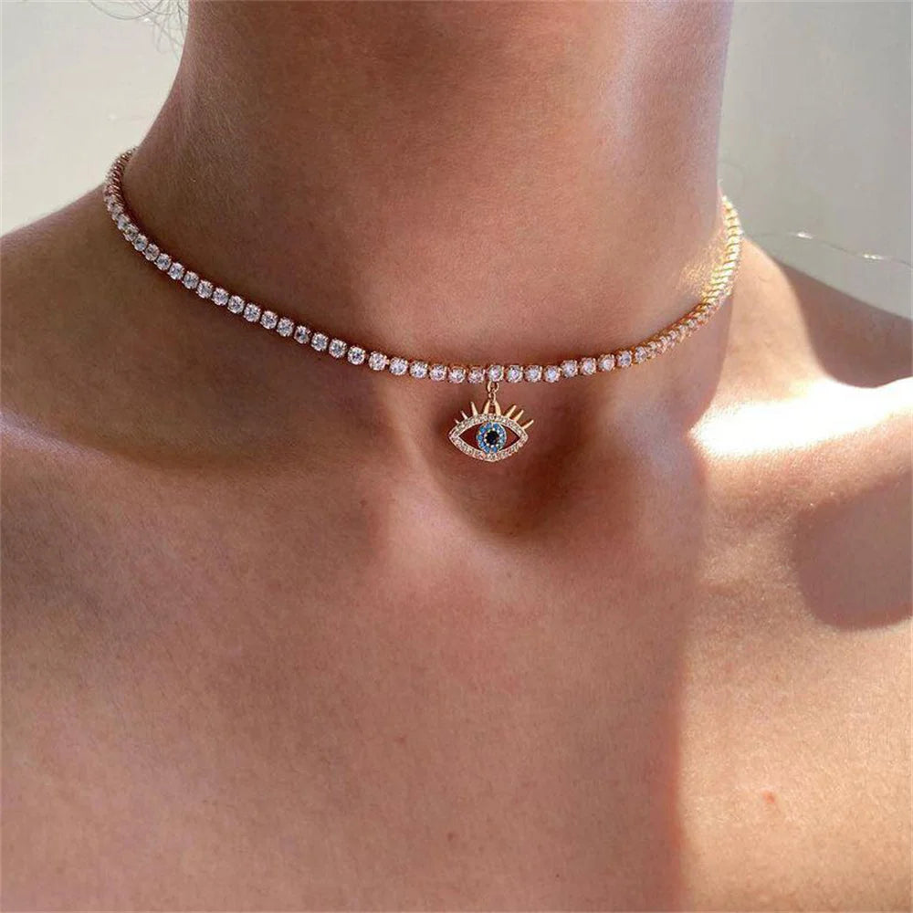 Simple Crystal Chain Eye Pendant Necklace