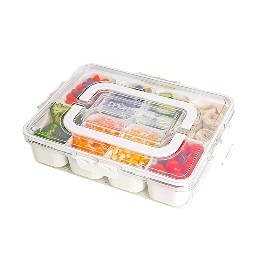 Snackle Box Container, Divided Serving Tray with Lid and Handle, Adding Cutlery Organizer with Fruit Forks and Spoons, Snackle