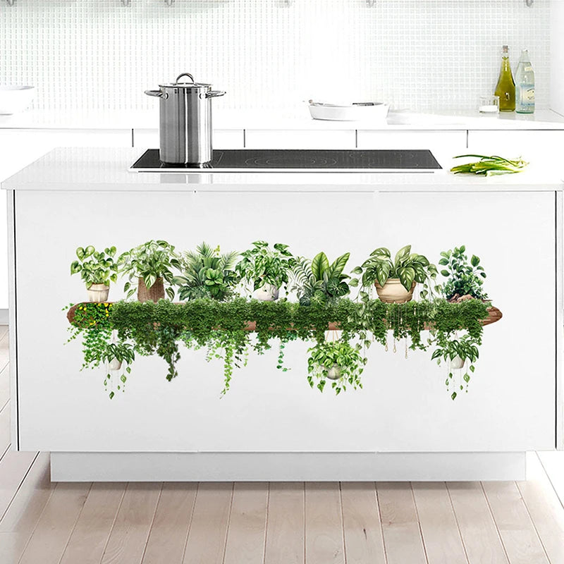 Green Dill Leaves Hanging Basket Wall Stickers Bedroom Living Room Wall Beautification Green Plant Decor Courtyard Wall Decals