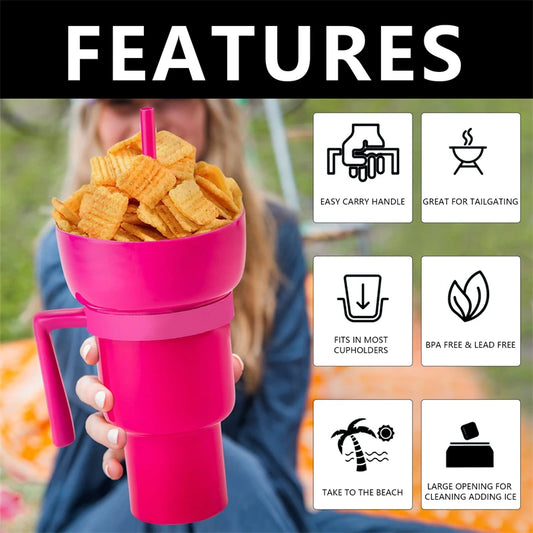 Stadium Tumbler Popcorn Drink Cola Cup 2 In 1 Snackies Cup Portable Splash Snack Bowl Chicken Storage Bowl with Handle Straw Cup