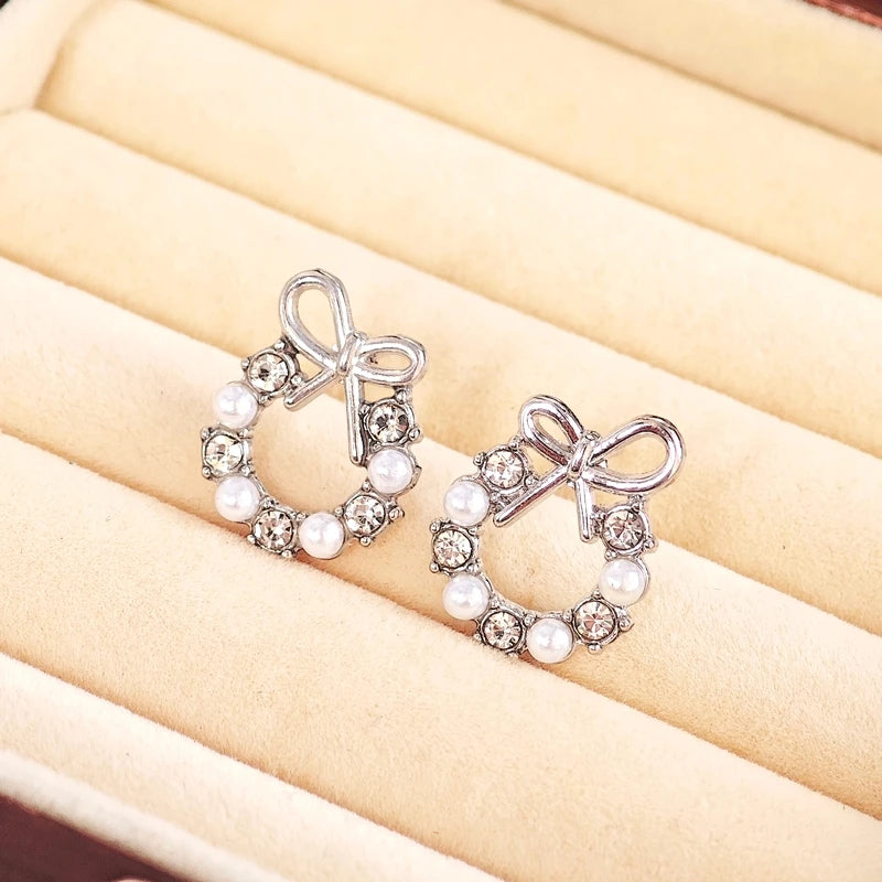 Pearl Crystal Bow Stud Earring