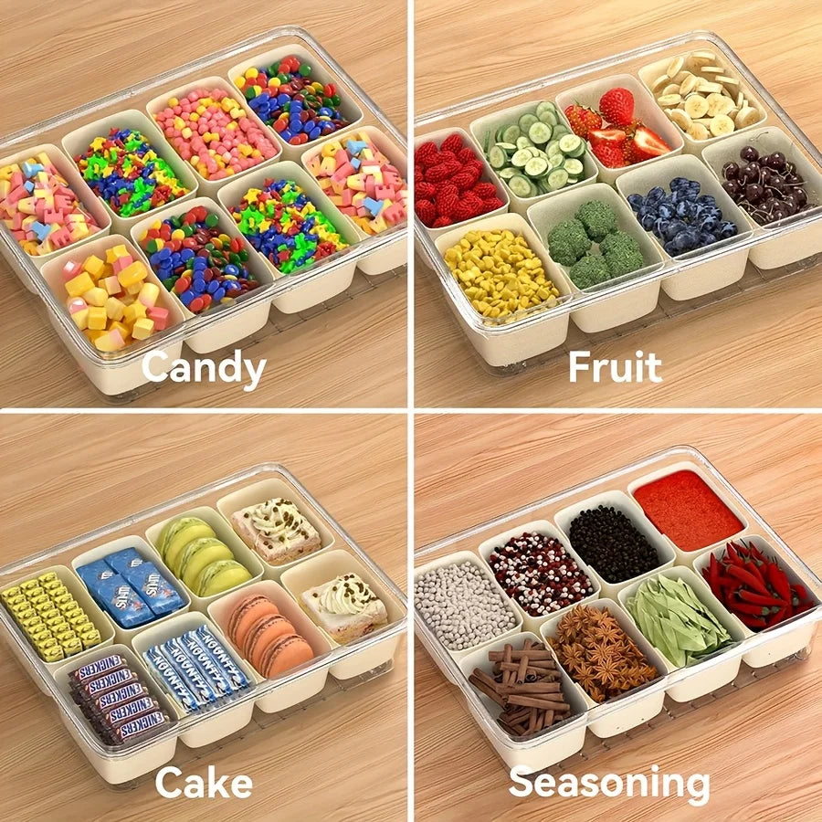 Snackle Box Container, Divided Serving Tray with Lid and Handle, Adding Cutlery Organizer with Fruit Forks and Spoons, Snackle