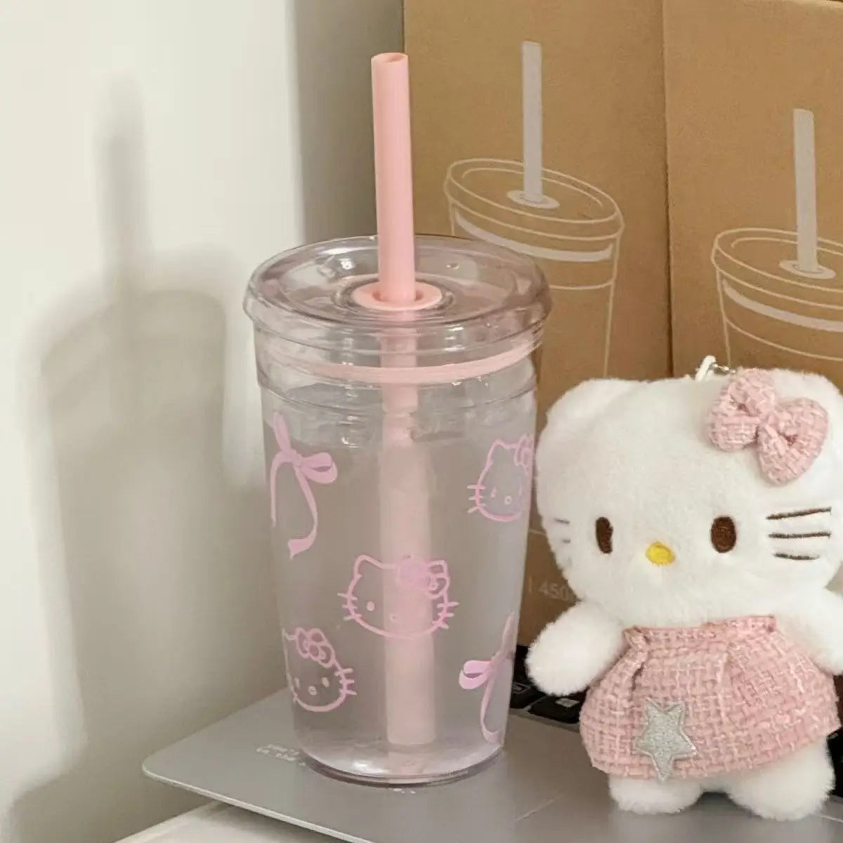 Sanrio Hello Kitty Pink Straw Cup KT Cat Large-Capacity Transparent Plastic Water Cup Plastic Student Portable Cup Birthday Gift