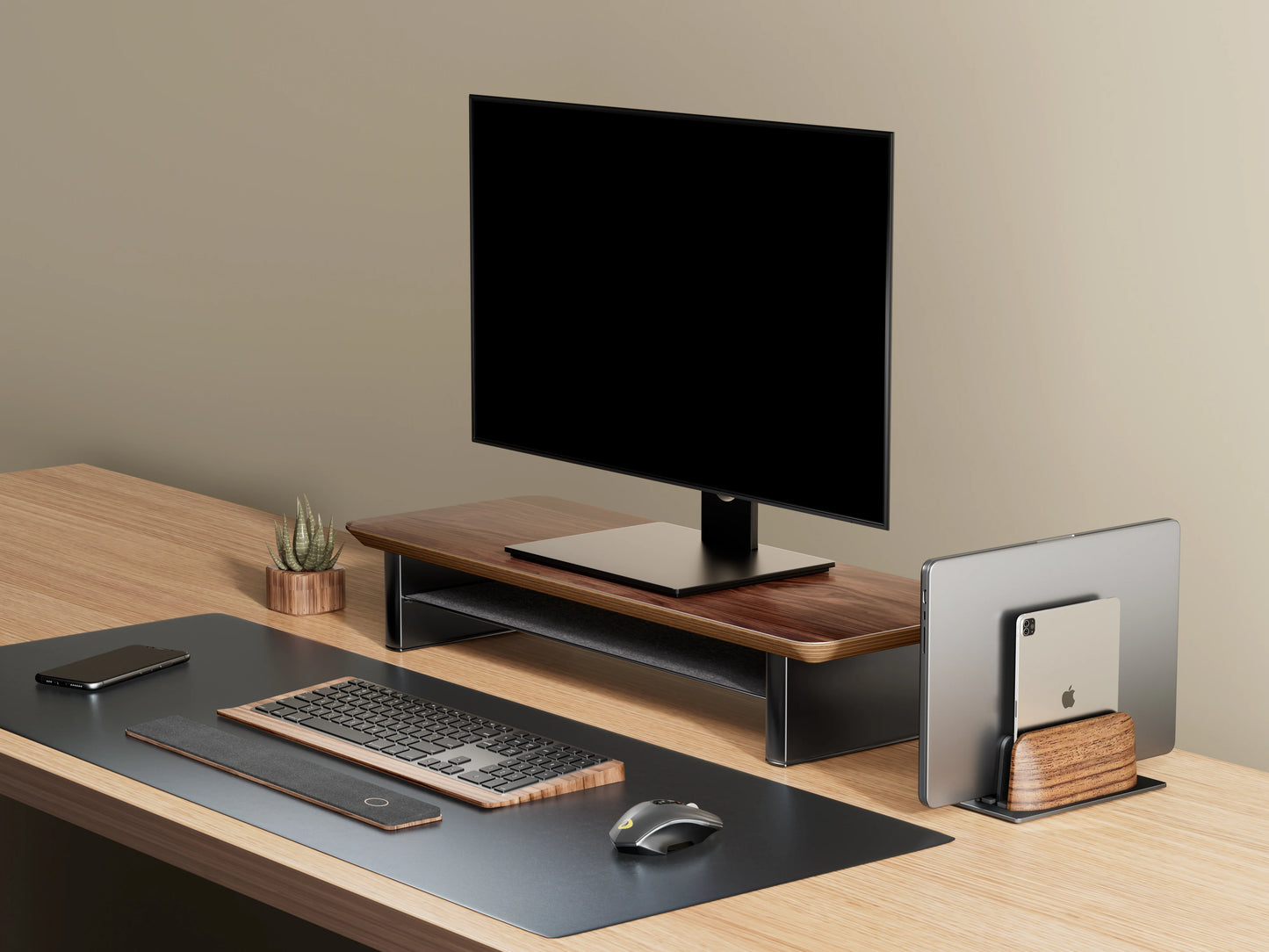 HPERGO Vertical Laptop Stand Dual Slot Walnut Wooden Laptop Holder Vertical for Desk Width Adjustable Dock