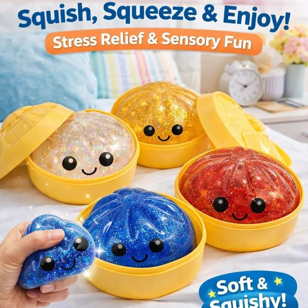 Glitter Dumplings Squishy Toy with Steamer Slow Resilience Squishy Toy Fidget Soft Stress Relief Sensory Ball
