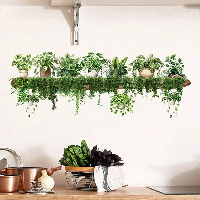 Green Plant Decor Courtyard Wall Decals Green Dill Leaves Hanging Basket Wall Stickers Bedroom Living Room Wall Beautification