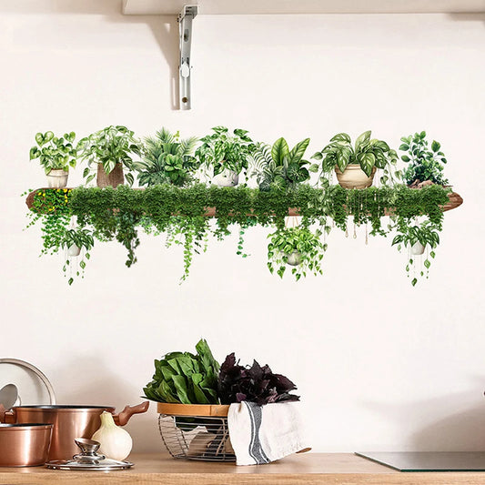 Green Plant Decor Courtyard Wall Decals Green Dill Leaves Hanging Basket Wall Stickers Bedroom Living Room Wall Beautification