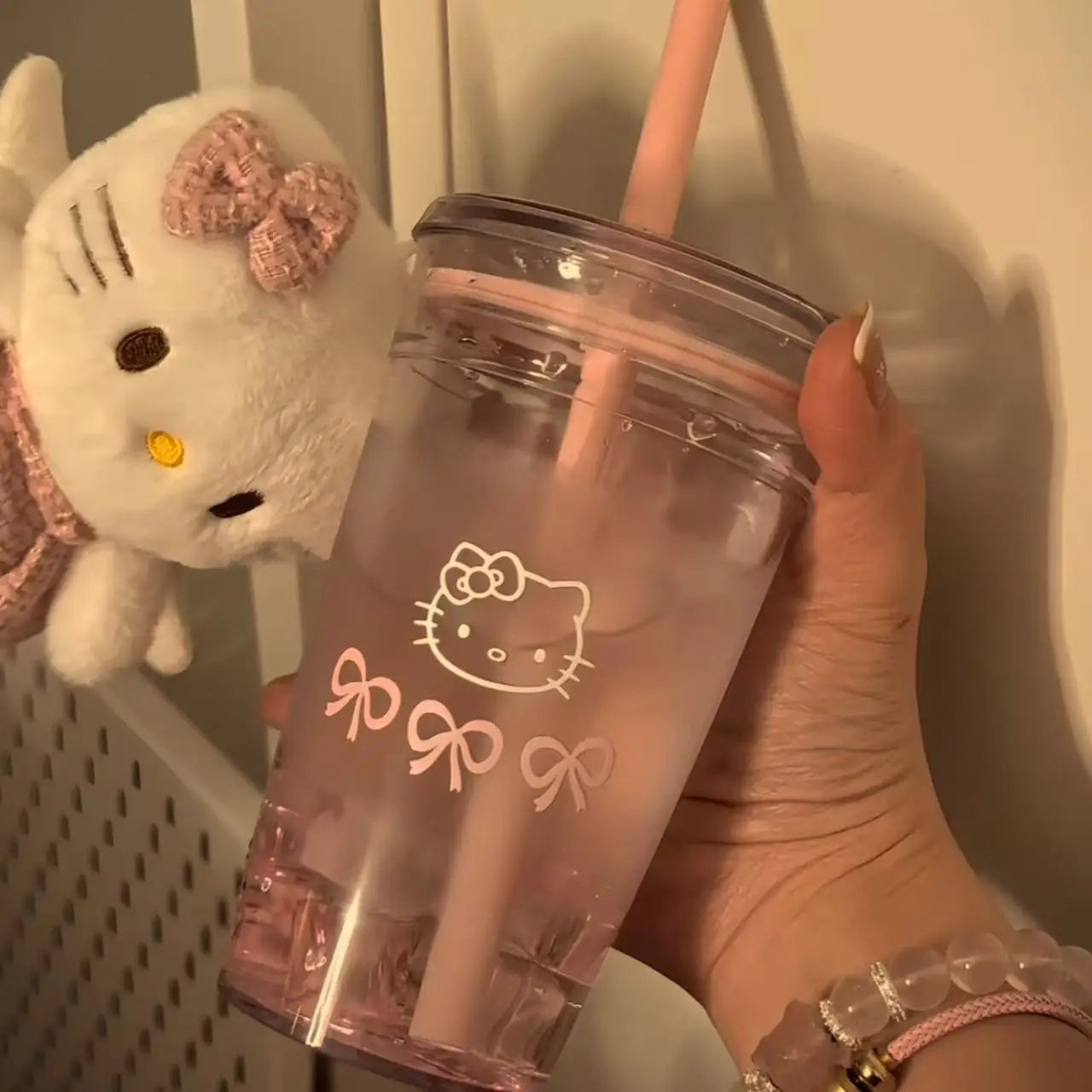 Sanrio Hello Kitty Pink Straw Cup KT Cat Large-Capacity Transparent Plastic Water Cup Plastic Student Portable Cup Birthday Gift