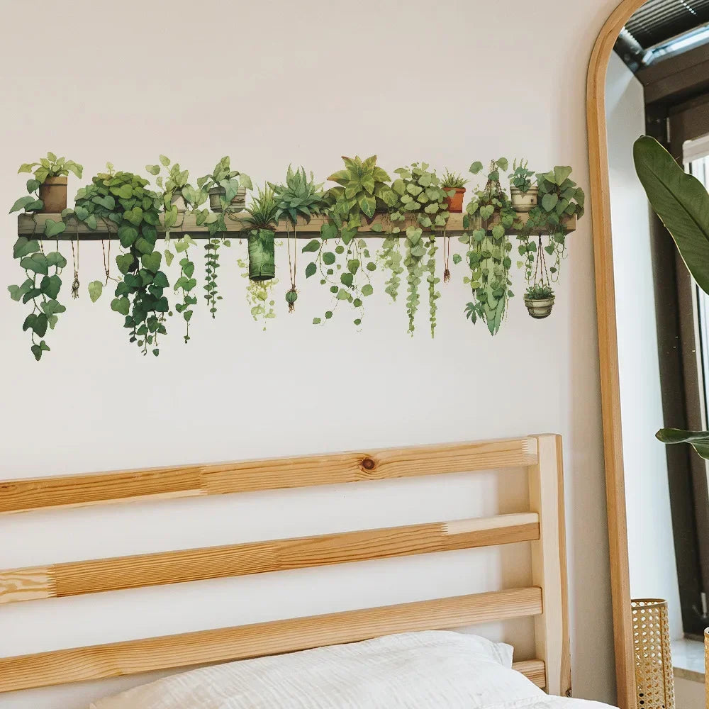 Green Dill Leaves Hanging Basket Wall Stickers Bedroom Living Room Wall Beautification Green Plant Decor Courtyard Wall Decals