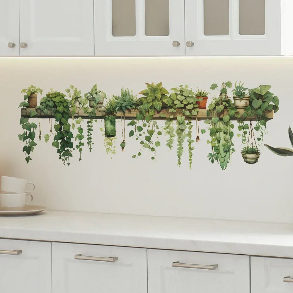 Green Dill Leaves Hanging Basket Wall Stickers Bedroom Living Room Wall Beautification Green Plant Decor Courtyard Wall Decals