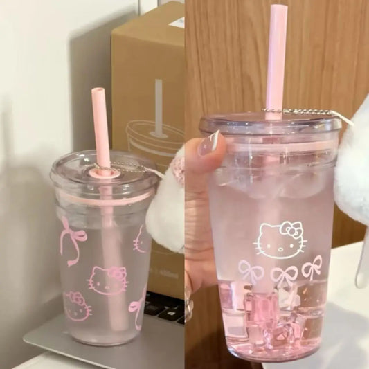 Sanrio Hello Kitty Pink Straw Cup KT Cat Large-Capacity Transparent Plastic Water Cup Plastic Student Portable Cup Birthday Gift
