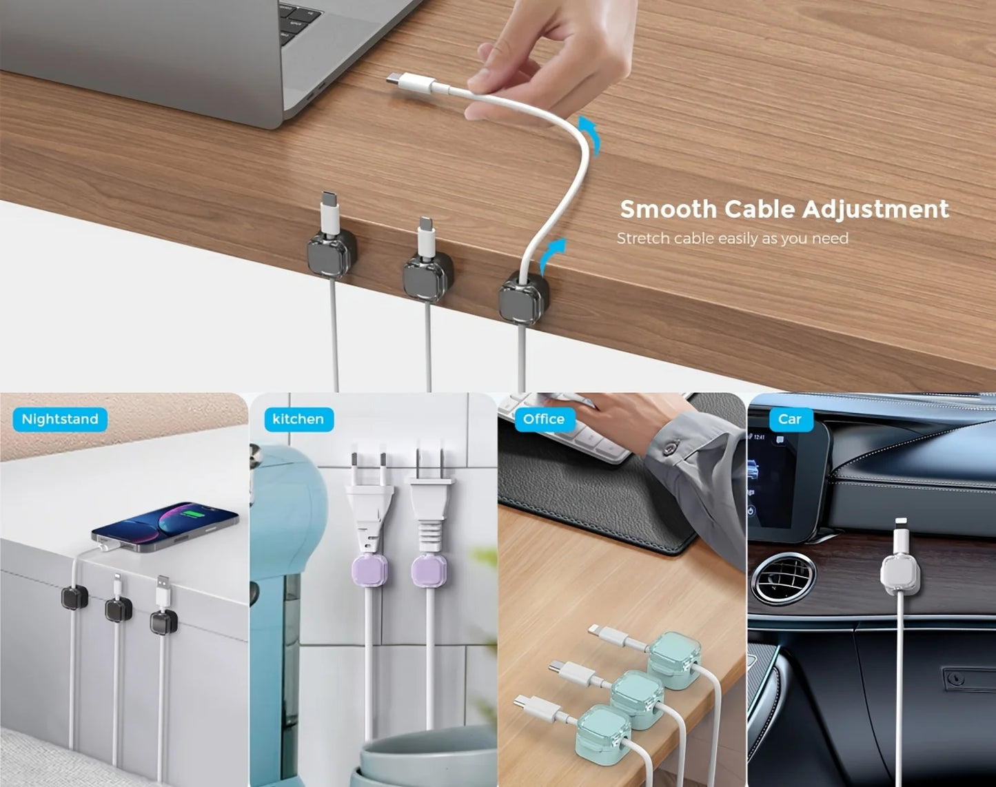[Magnetic Cable Clips] 6-Pack Magnetic Cable Clips | Adjustable Adhesive Cord Holders, Strong Magnetic & Adhesive Base