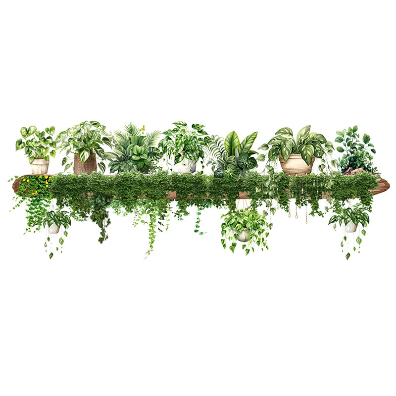 Green Plant Decor Courtyard Wall Decals Green Dill Leaves Hanging Basket Wall Stickers Bedroom Living Room Wall Beautification