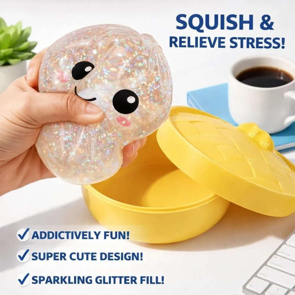 Glitter Dumplings Squishy Toy Soft Slow Resilience Squishy Toy with Steamer Fidget Steamed Stuffed Bun Squishy Pinch Le