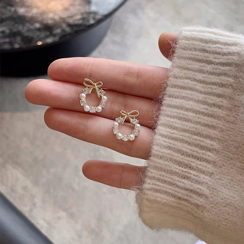 Pearl Crystal Bow Stud Earring