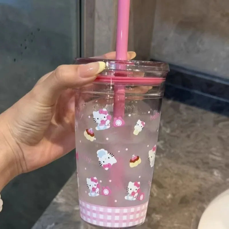 Sanrio Hello Kitty Pink Straw Cup KT Cat Large-Capacity Transparent Plastic Water Cup Plastic Student Portable Cup Birthday Gift
