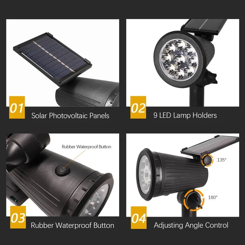 9Led Solar Spotlights, Outdoor Waterproof - Adjustable Brightness
