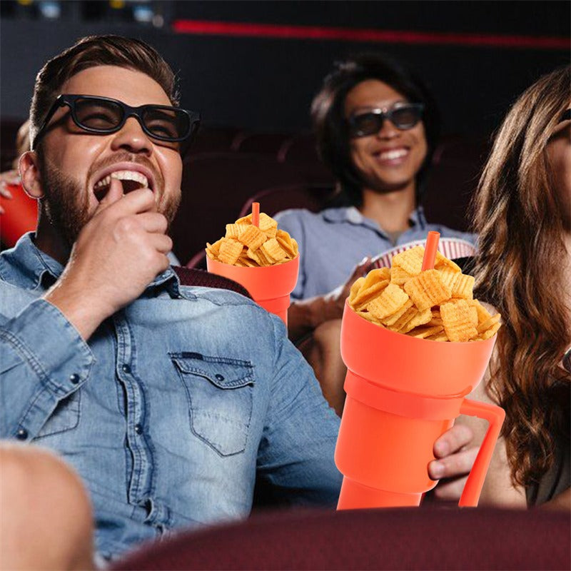 Stadium Tumbler Popcorn Drink Cola Cup 2 In 1 Snackies Cup Portable Splash Snack Bowl Chicken Storage Bowl with Handle Straw Cup